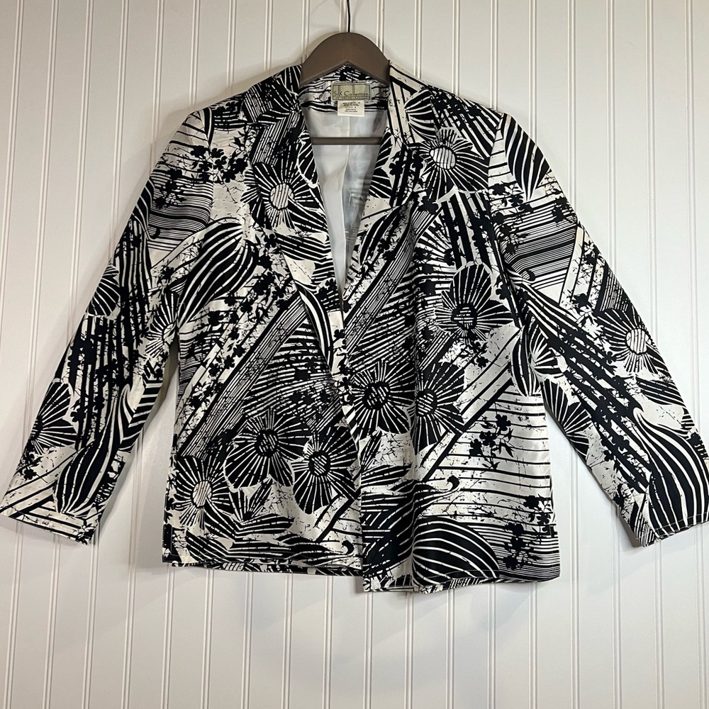 100% Silk Black White Blazer Size 6